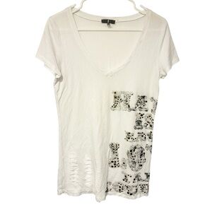 ANM White Distressed Silver‎ Studded Deep V Neck Tshirt Size Large